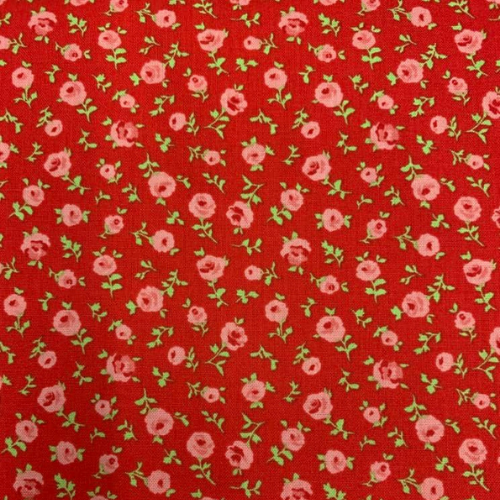 Tissu 100% coton rouge à motif fleuri rose