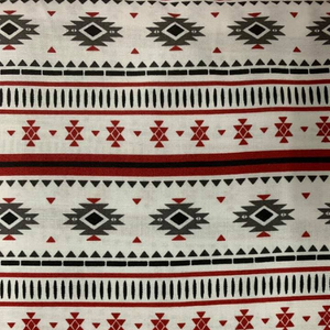 Tissu 100% coton motif aztèque gris et rouge sur fond blanc